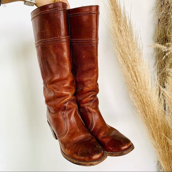 FRYE Cognac Brown Leather Jane Chunky Heel Riding Boots Knee High Tall Shoes 9.5 - Picture 3 of 12